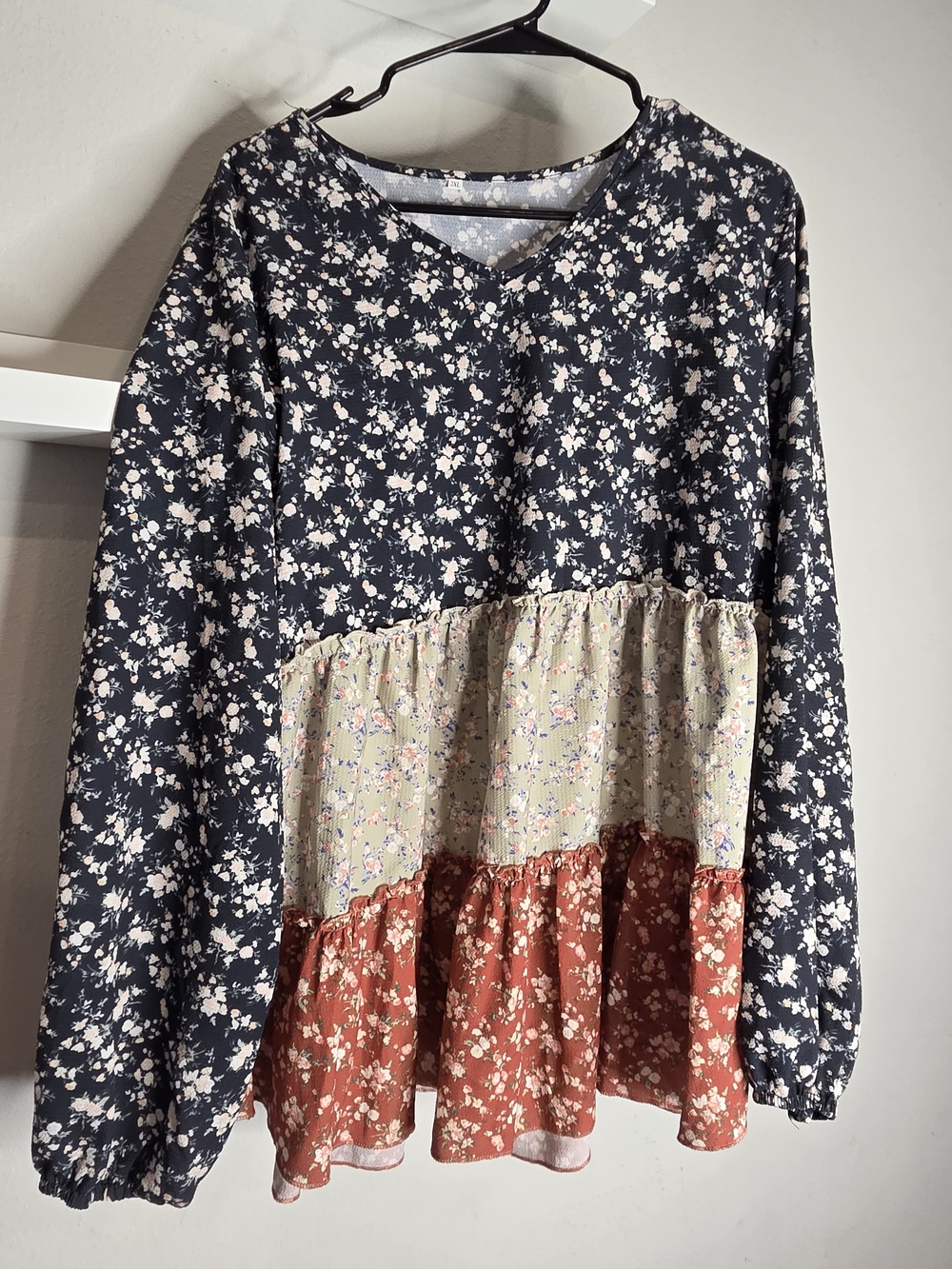 Floral Tiered Peplum Top - Blue, Cream & Rust